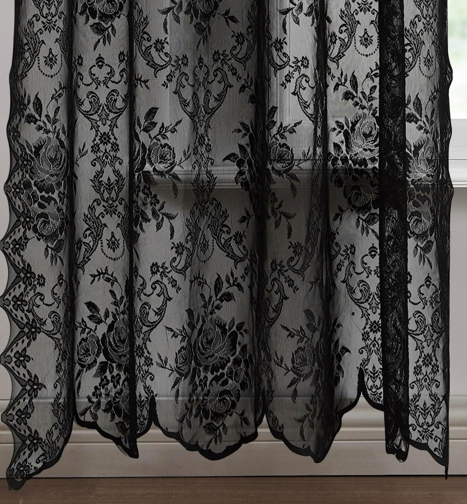 WARM HOME DESIGHS Pair of 2 Semi Sheer Lace Curtain Panels & Attached Matching Valances with 6 Tassels. Classic Elegant English Rose Pattern.