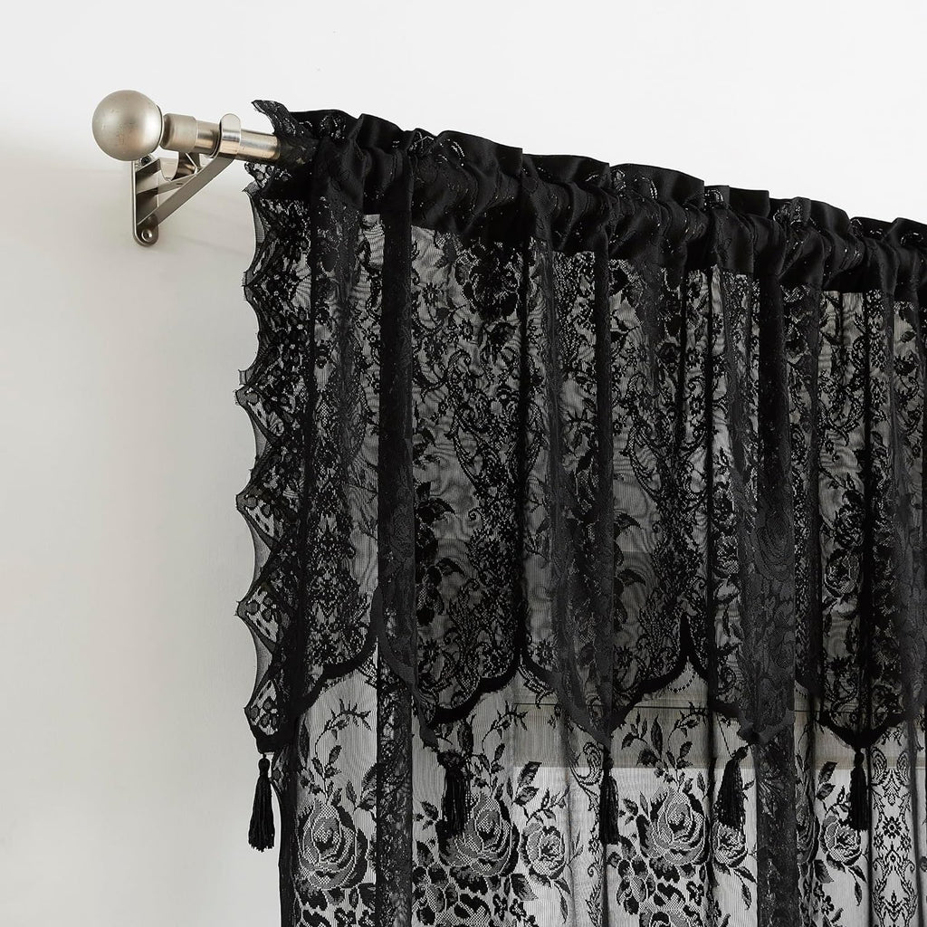 WARM HOME DESIGHS Pair of 2 Semi Sheer Lace Curtain Panels & Attached Matching Valances with 6 Tassels. Classic Elegant English Rose Pattern.