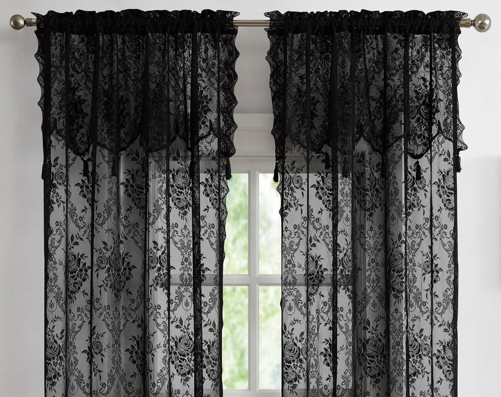 WARM HOME DESIGHS Pair of 2 Semi Sheer Lace Curtain Panels & Attached Matching Valances with 6 Tassels. Classic Elegant English Rose Pattern.