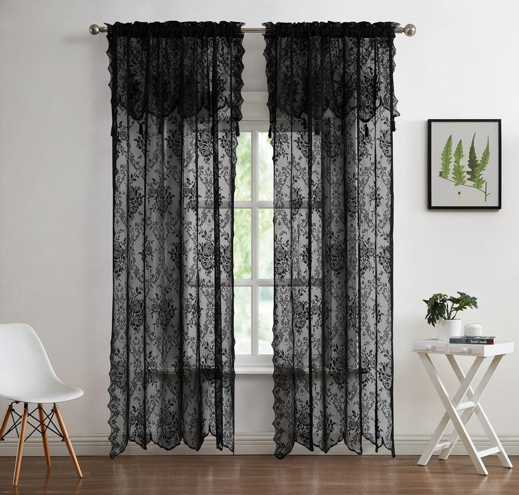 WARM HOME DESIGHS Pair of 2 Semi Sheer Lace Curtain Panels & Attached Matching Valances with 6 Tassels. Classic Elegant English Rose Pattern.