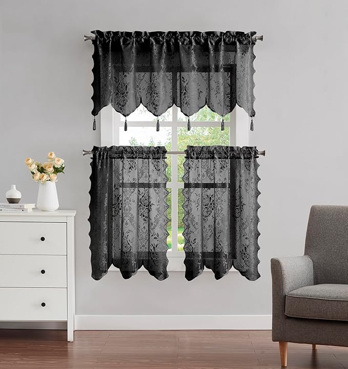 WARM HOME DESIGNS 3 Piece Lace Kitchen Curtains and Valances Set Includes 2 30" x 36" Kitchen Tiers & 54" x 22” Lace Valance with 6 Tassels. Bathroom or Kitchen Curtains Set.