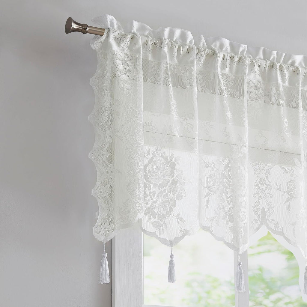 WARM HOME DESIGNS 3 Piece Lace Kitchen Curtains and Valances Set Includes 2 30" x 36" Kitchen Tiers & 54" x 22” Lace Valance with 6 Tassels. Bathroom or Kitchen Curtains Set.