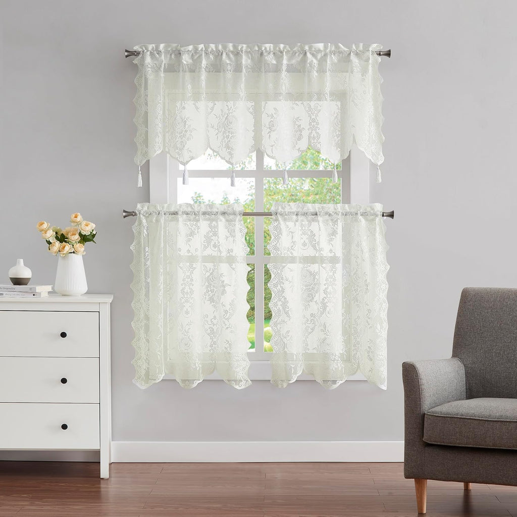 WARM HOME DESIGNS 3 Piece Lace Kitchen Curtains and Valances Set Includes 2 30" x 36" Kitchen Tiers & 54" x 22” Lace Valance with 6 Tassels. Bathroom or Kitchen Curtains Set.