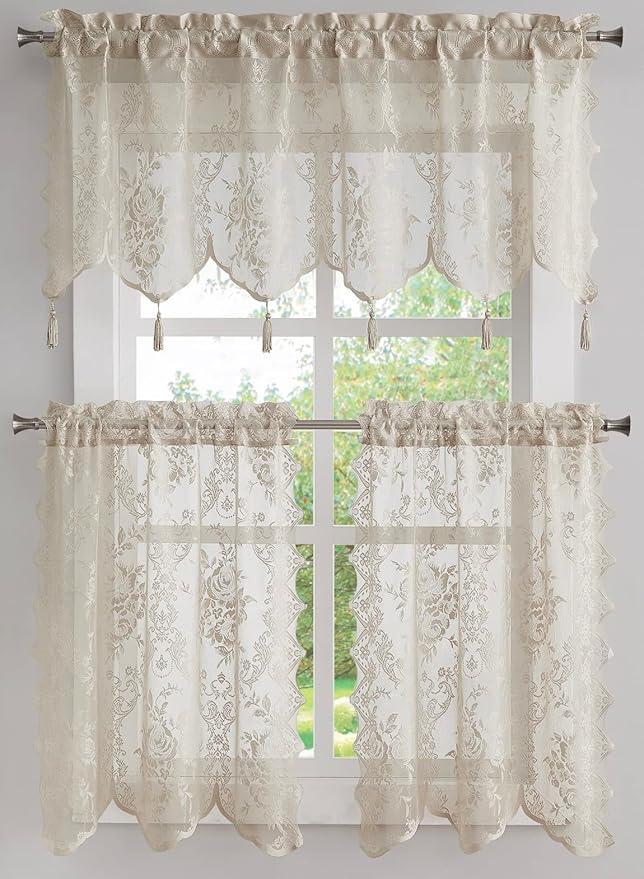 WARM HOME DESIGNS 3 Piece Lace Kitchen Curtains and Valances Set Includes 2 30" x 36" Kitchen Tiers & 54" x 22” Lace Valance with 6 Tassels. Bathroom or Kitchen Curtains Set.