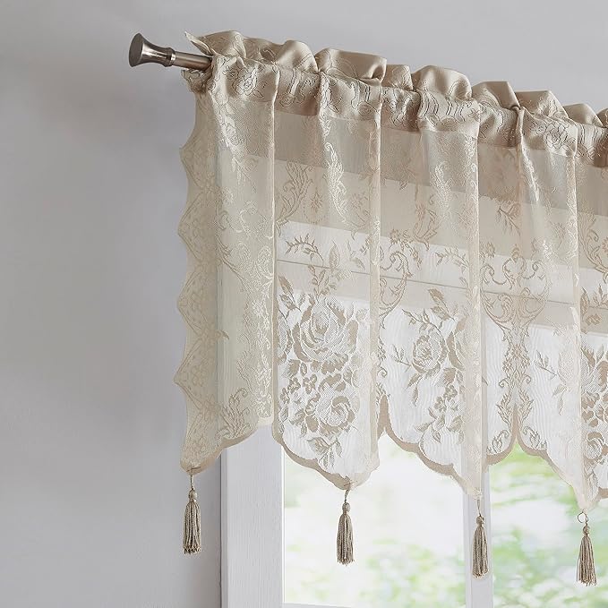 WARM HOME DESIGNS 3 Piece Lace Kitchen Curtains and Valances Set Includes 2 30" x 36" Kitchen Tiers & 54" x 22” Lace Valance with 6 Tassels. Bathroom or Kitchen Curtains Set.