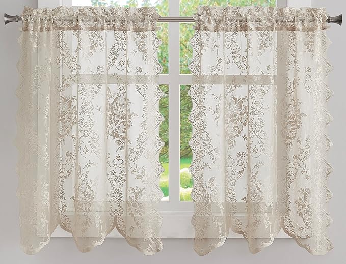 WARM HOME DESIGNS 3 Piece Lace Kitchen Curtains and Valances Set Includes 2 30" x 36" Kitchen Tiers & 54" x 22” Lace Valance with 6 Tassels. Bathroom or Kitchen Curtains Set.