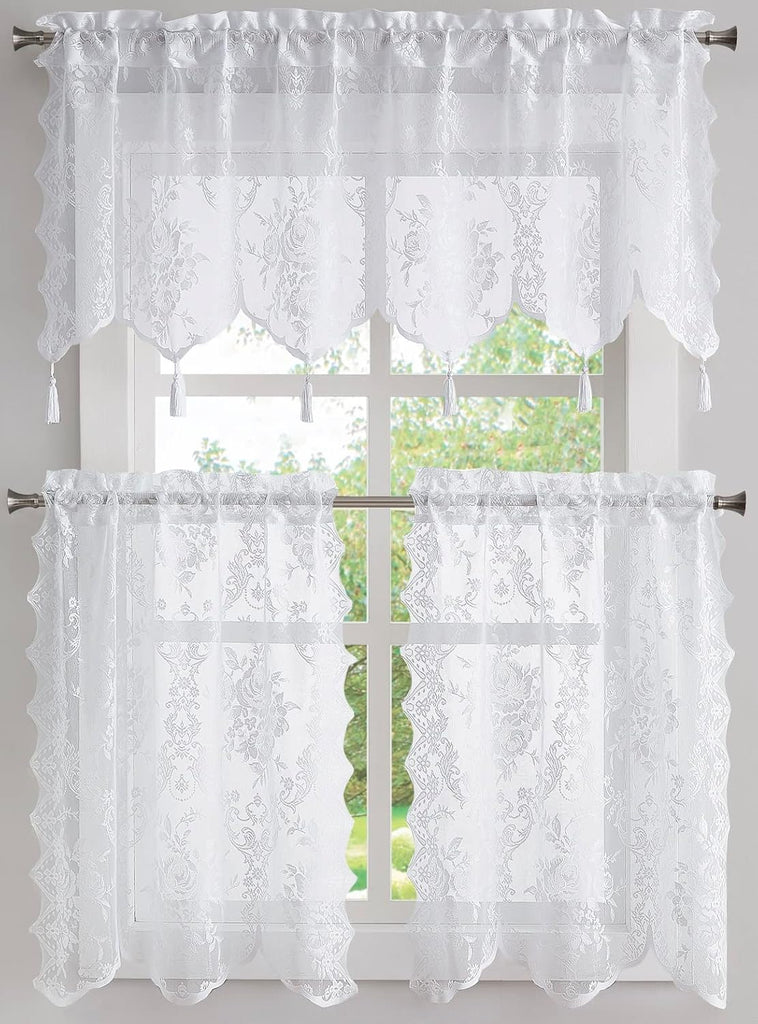 WARM HOME DESIGNS 3 Piece Lace Kitchen Curtains and Valances Set Includes 2 30" x 36" Kitchen Tiers & 54" x 22” Lace Valance with 6 Tassels. Bathroom or Kitchen Curtains Set.