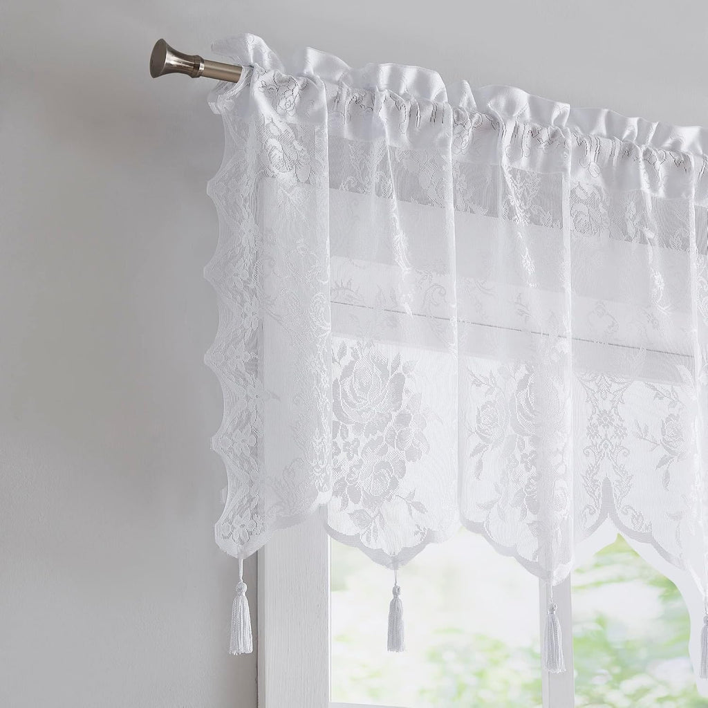 WARM HOME DESIGNS 3 Piece Lace Kitchen Curtains and Valances Set Includes 2 30" x 36" Kitchen Tiers & 54" x 22” Lace Valance with 6 Tassels. Bathroom or Kitchen Curtains Set.