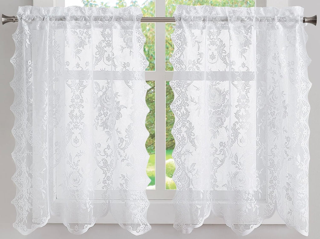 WARM HOME DESIGNS 3 Piece Lace Kitchen Curtains and Valances Set Includes 2 30" x 36" Kitchen Tiers & 54" x 22” Lace Valance with 6 Tassels. Bathroom or Kitchen Curtains Set.